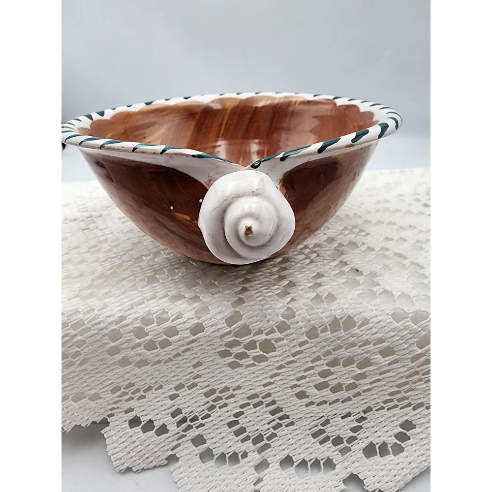 Vintage Maiolica Hand Painted Italy Ceramic Snail Bowl Brown Green Leaf  6‎ Inch